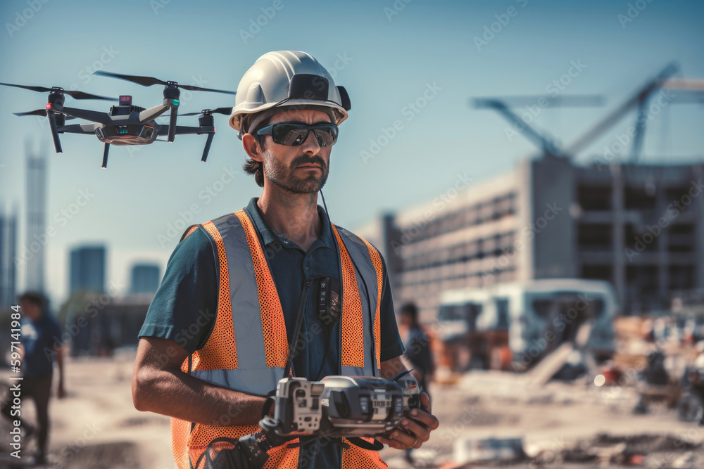Drone pilot on a construction site performing an inspection. Generative AI Drone pilot on a construction site performing an inspection. Generative AI