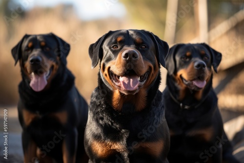 Group portrait photography of a happy rottweiler being at a dog park against natural arches and bridges background. With generative AI technology