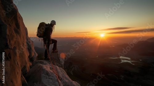 A mauntainclimber on a mautain in the sunset