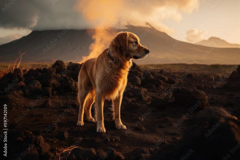 Full-length portrait photography of a curious golden retriever scratching nose against volcanoes and lava fields background. With generative AI technology Full-length portrait photography of a curious golden retriever scratching nose against volcanoes and lava fields background. With generative AI technology