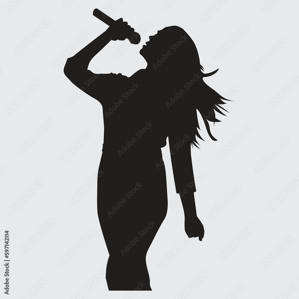 silhouette singing woman over white - obrazy, fototapety, plakaty 