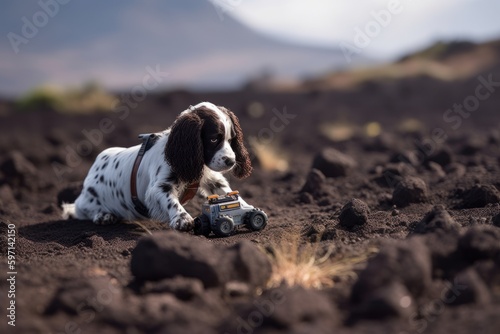 Medium shot portrait photography of a scared english springer spaniel playing with a remote control car against volcanoes and lava fields background. With generative AI technology photo