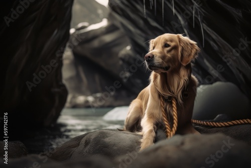 Lifestyle portrait photography of a curious golden retriever playing with a rope toy against glaciers and ice caves background. With generative AI technology