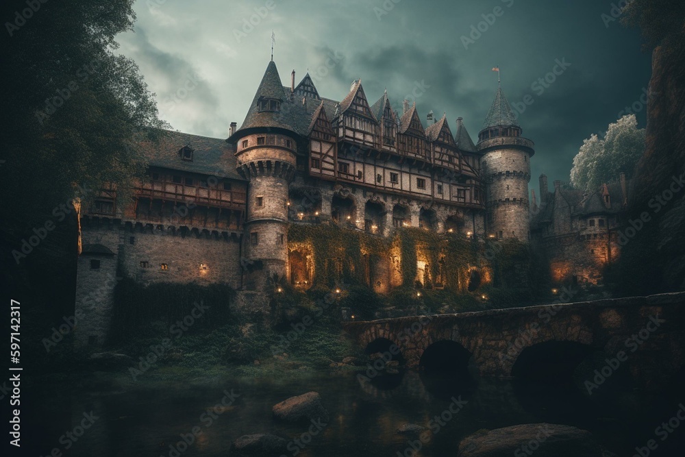 Digitally created old castle city with dramatic lighting, mysterious feel and fairytale vibe. Generative AI