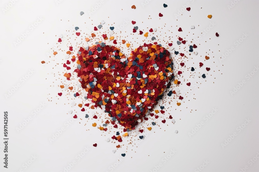 A heart made of heart-shaped confetti on a white background. Generative AI
