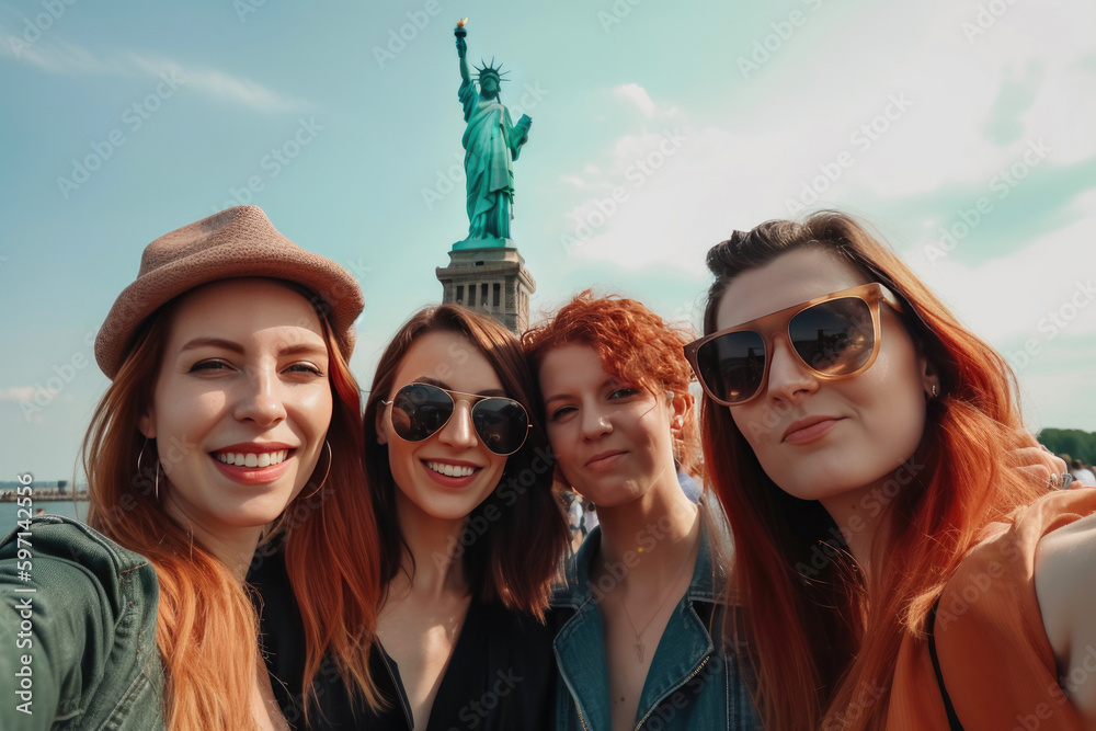 Selfie of friends near the statue of liberty. Generative AI