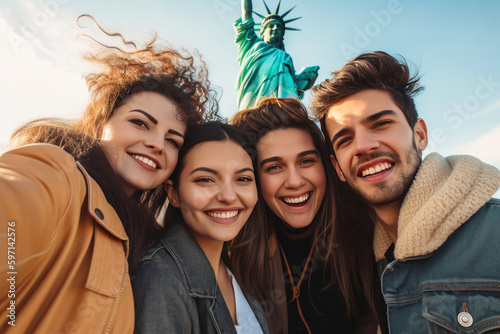 Friends near the statue of liberty. Generative AI