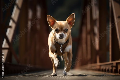 Close-up portrait photography of an aggressive chihuahua running against suspension bridges background. With generative AI technology