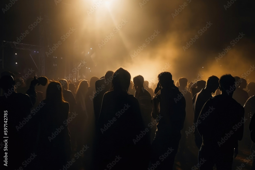 Silhouettes of concert crowd in front of bright stage lights on a music festival. Generative AI