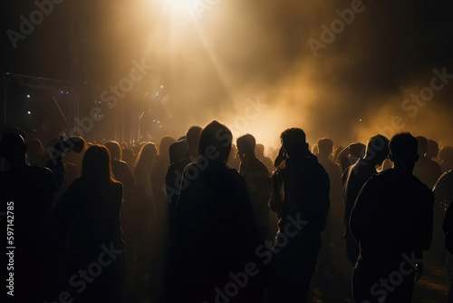 Silhouettes of concert crowd in front of bright stage lights on a music festival. Generative AI