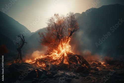 A tree stands alone in front of mountains destroyed by bright flames. Generative AI