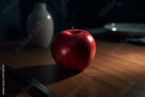 A table holds a red apple. Generative AI