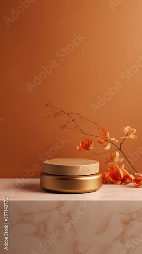 Marble Orange Table Top, Round Podium Pedestal, Abstract Cosmetic Beauty Background. Showcase Product Mock up Display, Back Drop, Empty Luxury Presentation Scene with Spring Flowers. Generative AI