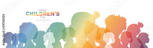 Happy Children's Day card. Children of different ethnicities stand side by side together. Flat vector illustration.