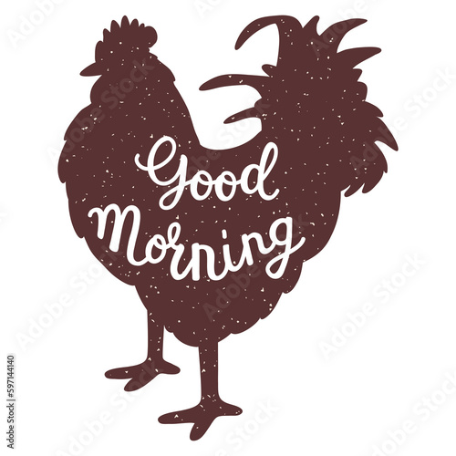 A cartoon vector rooster silhouette print with the words good morning 