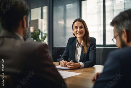 Friendly smiling woman wearing a suit sitting on a desk talking to medium aged customers sitting opposite to her in a modern office. Generative AI