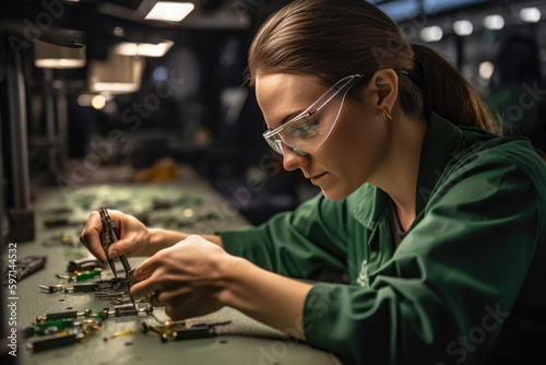 Female assembly worker assembling metal injection molding tools at a work table  wearing green work shirts. Generative AI