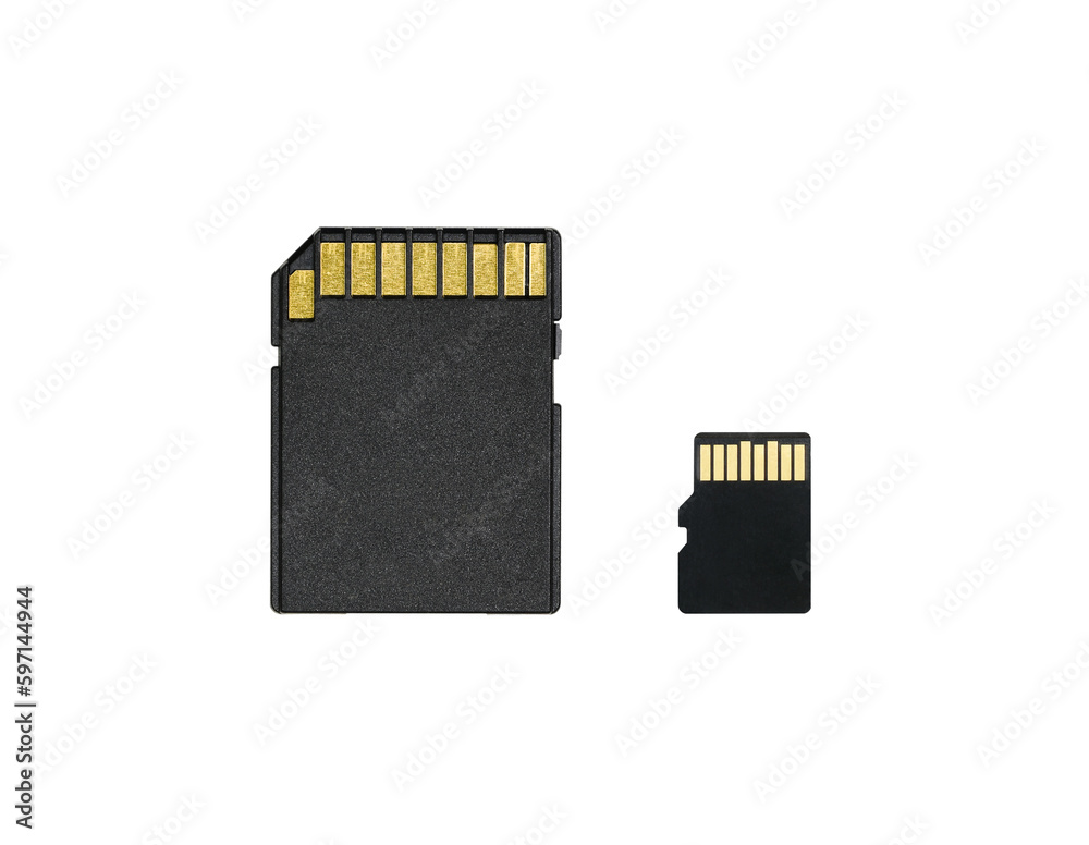 Close up back of micro sd or memory card and adapter isolated, png file element.