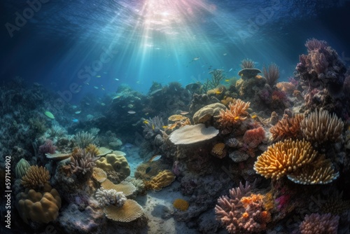 Stunning photograph of a coral reef, showcasing vibrant colors and diverse marine life in their underwater world. Created with generative A.I. technology.