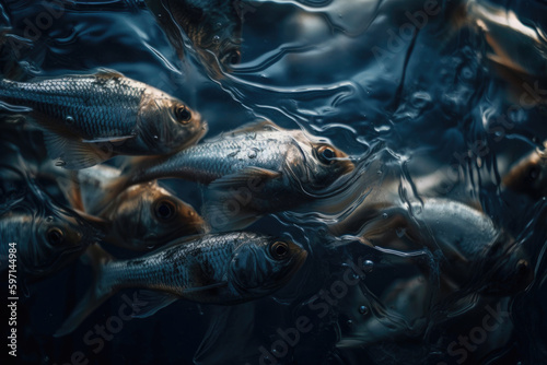 Underwater shot of schooling fish swimming in the wild in clear blue water. Generative AI