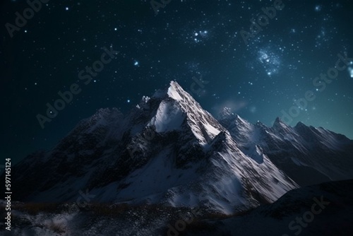Night snow mountains on starry blue sky. Generative AI