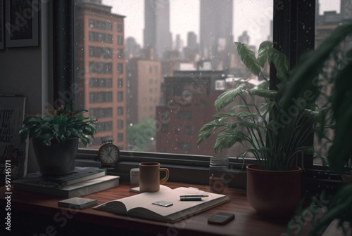 a table with a book and a plant on it in front of a window with a view of the city outside the rainy window. generative ai