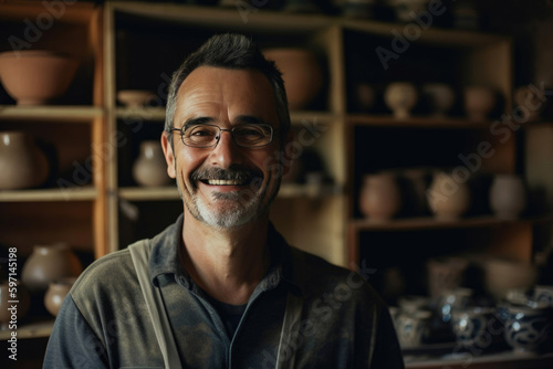Happy caucasian pottery studio owner portrait. Generative AI