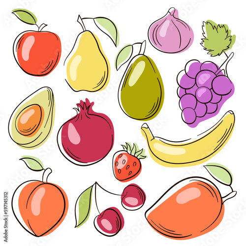 Fruits, berry flat line icons collection. Big set of icons. Pomegranate, avocado, cherry, mango, peach.