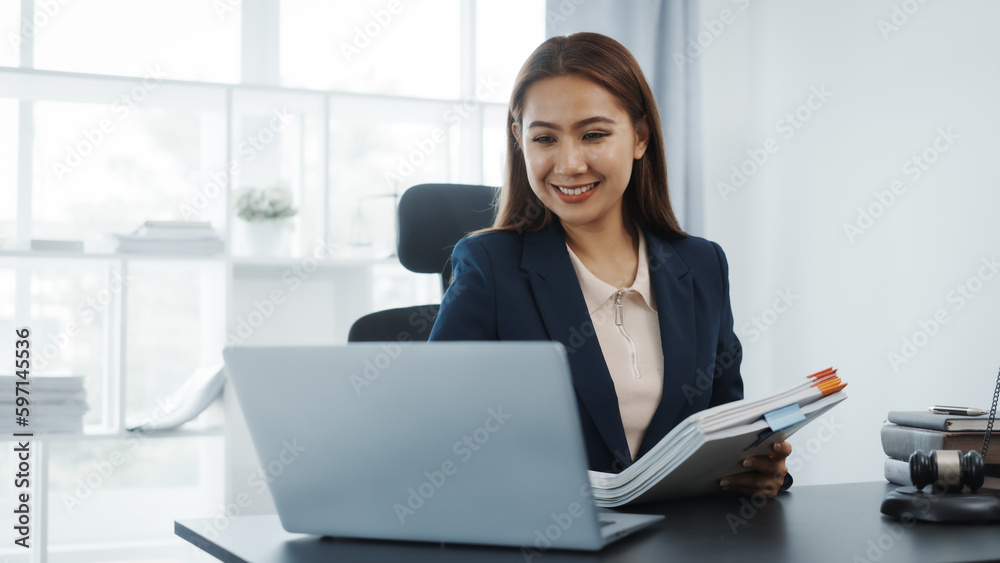 Portrait of female asian lawyer manager in formal suit working with signed insurance contract law, legal, legislation, online consulting real estate clients close deal in realtor office. Portrait of female asian lawyer manager in formal suit working with signed insurance contract law, legal, legislation, online consulting real estate clients close deal in realtor office.
