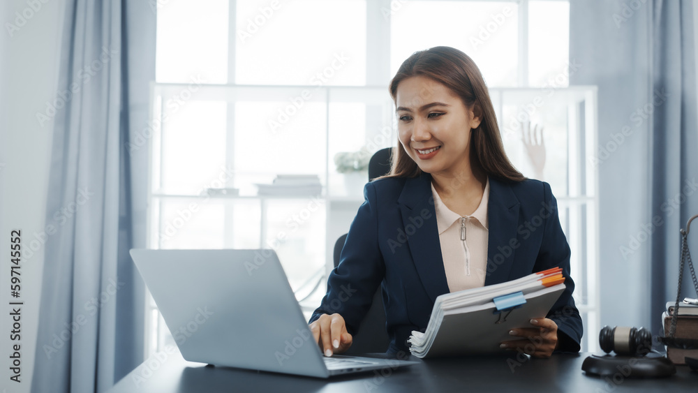 Portrait of female asian lawyer manager in formal suit working with signed insurance contract law, legal, legislation, online consulting real estate clients close deal in realtor office. Portrait of female asian lawyer manager in formal suit working with signed insurance contract law, legal, legislation, online consulting real estate clients close deal in realtor office.