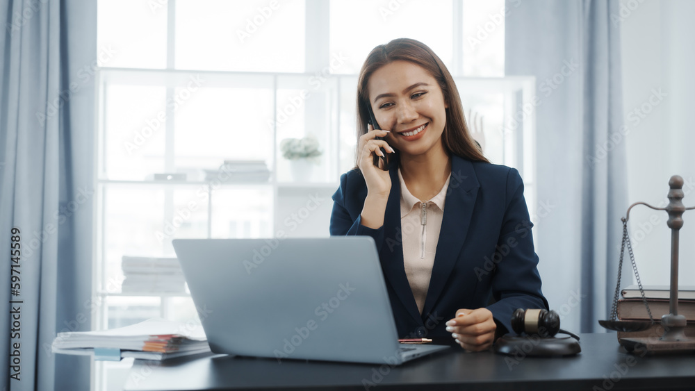 Portrait of female asian lawyer manager in formal suit working with signed insurance contract law, legal, legislation, online consulting real estate clients close deal in realtor office.