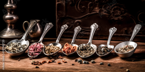 An assortment of dry tea was arranged in vintage spoons to create a clear perfumed ambience - generative ai.