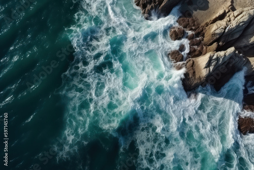 Aerial top view of sea waves and rocky coast, created with Generative AI technology