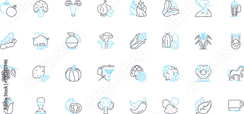 Cropland linear icons set. Agriculture, Harvest, Irrigation, Fertilizer, Plow, Cultivate, Tillage line vector and concept signs. Yield,Soil,Farming outline illustrations