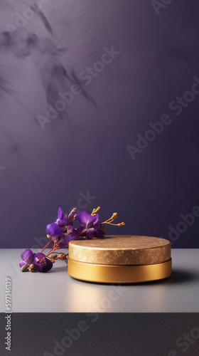 Marble Purple Gold Table Top, Round Podium Pedestal, Abstract Cosmetic Beauty Background Showcase Product Mock up Display, Back Drop, Empty Luxury Presentation Scene with Spring Flowers. Generative AI