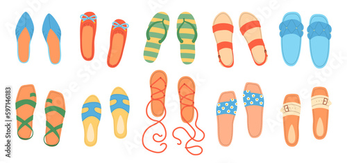 Big set female summer shoes. Sandals, mules, ballet flats, flip-flops. Stylish modern design. Flat hand drawn colorful vector illustration isolated on white background.