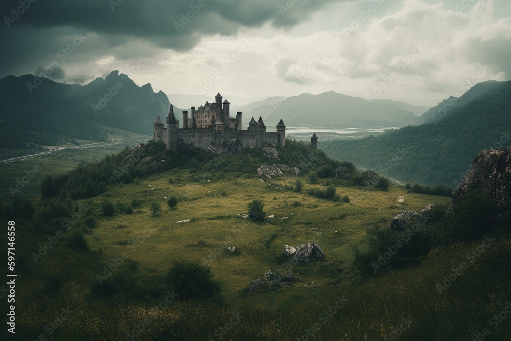 Medieval landscape with castles, hills, mountains, green fields, and dark skies for fantasy inspiration. Generative AI