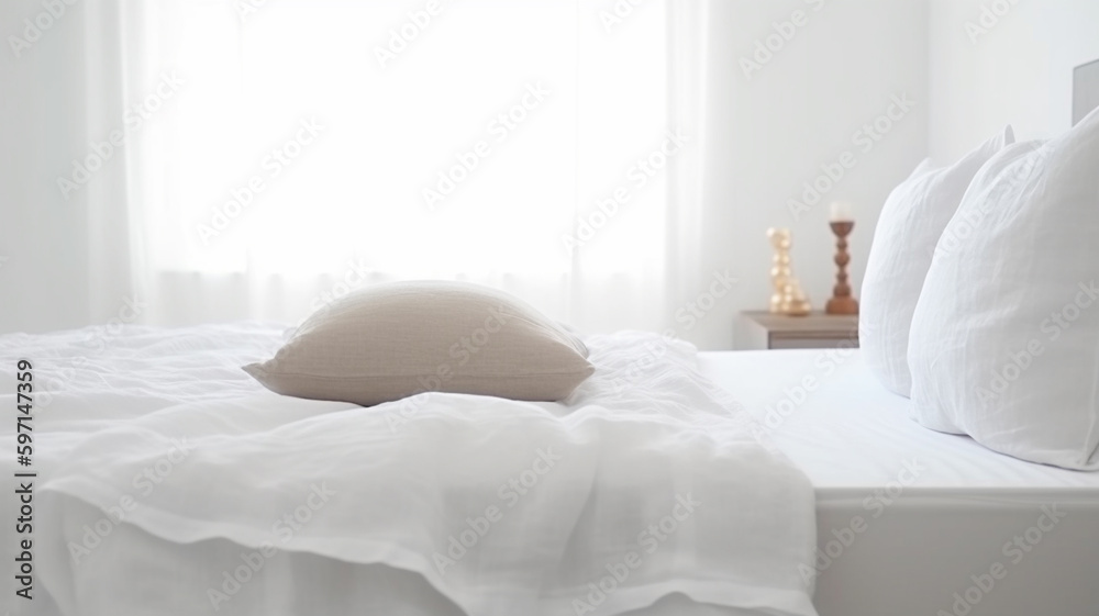 White bedding sheets and pillow background, Messy bed concept created with generative ai technology White bedding sheets and pillow background, Messy bed concept created with generative ai technology