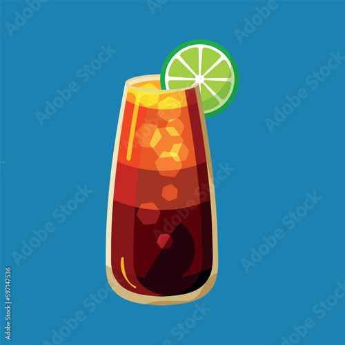 Vector glass of long island cocktail with slice lime and ice cubes isolated on blue background. Colorful illustration of classical summer alcohol drink.Long Island iced tea icon
