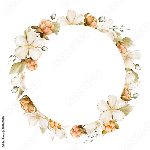 Watercolor floral round frame with delicate blooming cloudberries, leaves, branches. Isolated on white background. For invitation, greeting design.