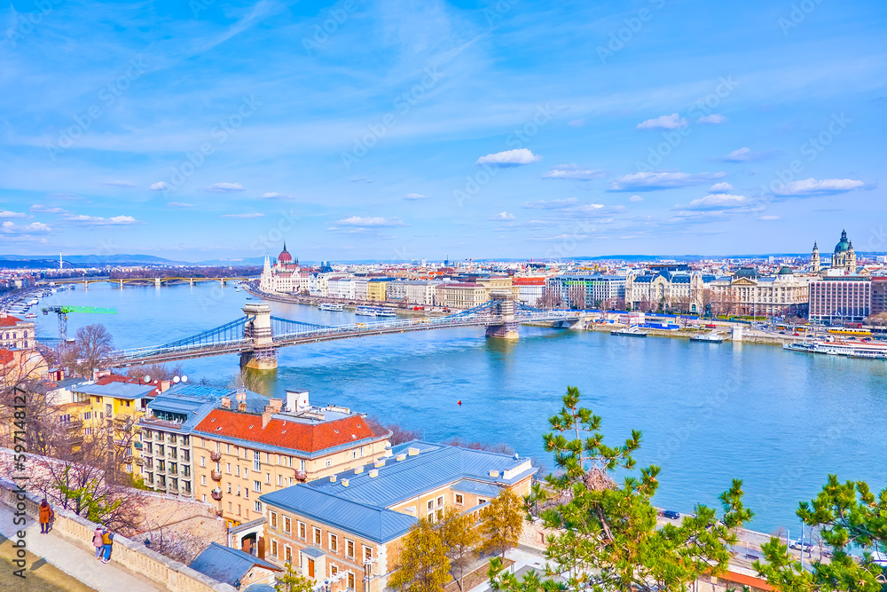 Panorama of Budapest with Danube river, Szechenyi Chain Bridge and Parliament, Hungary