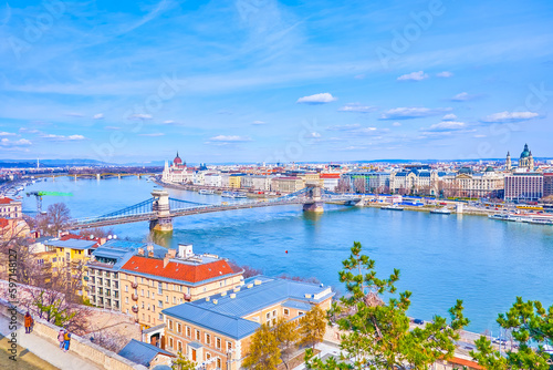 Panorama of Budapest with Danube river, Szechenyi Chain Bridge and Parliament, Hungary