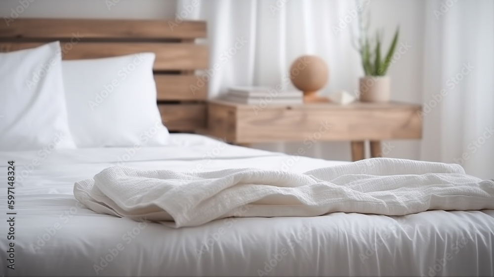 White bedding sheets and pillow background, Messy bed concept created with generative ai technology White bedding sheets and pillow background, Messy bed concept created with generative ai technology