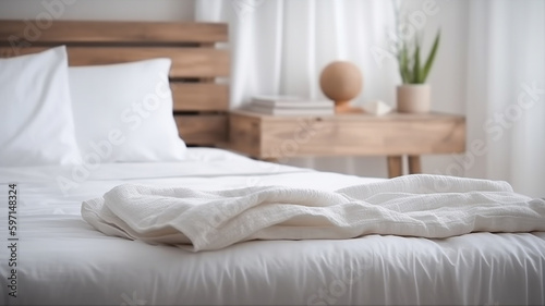 White bedding sheets and pillow background, Messy bed concept created with generative ai technology
