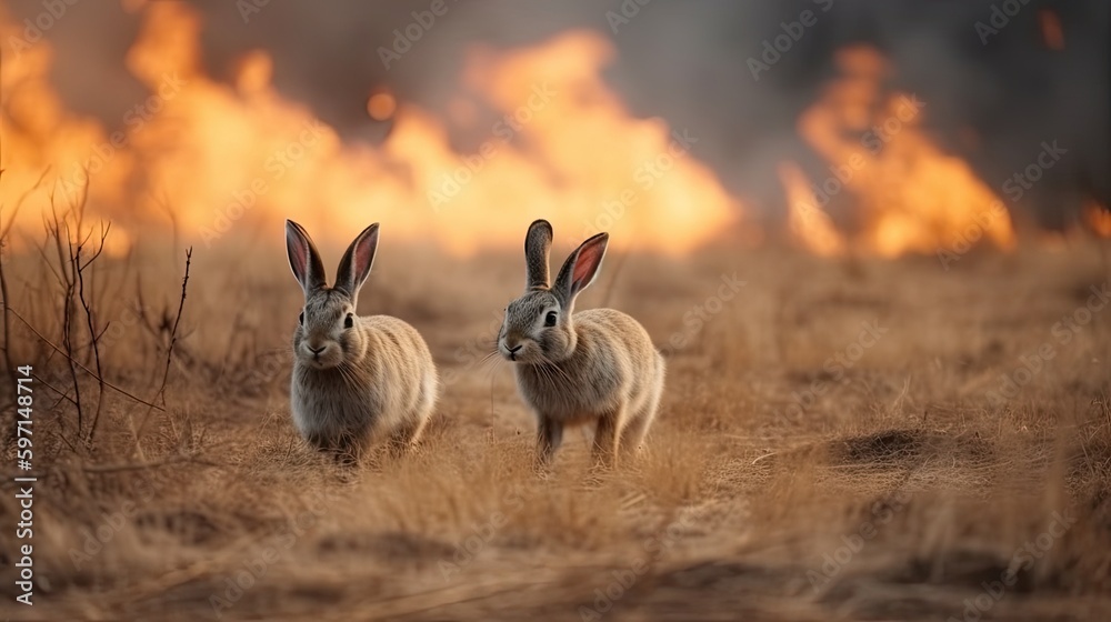 Scared rabbits family runs away from grassland fire, largest prairie