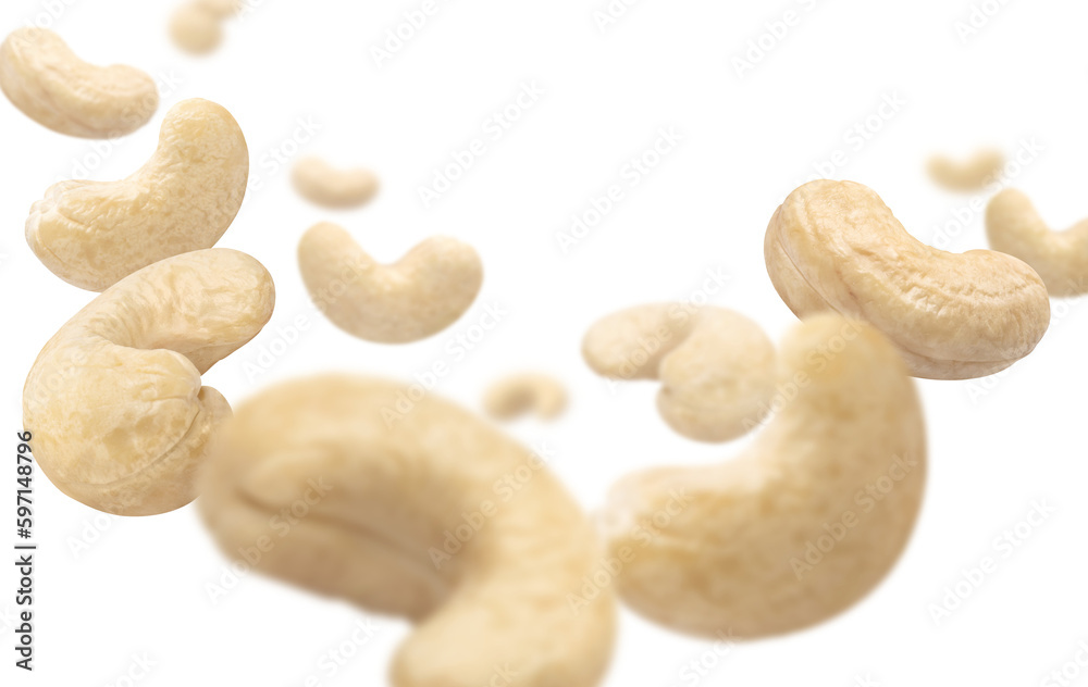 Flying delicious cashew nuts, cut out Flying delicious cashew nuts, cut out