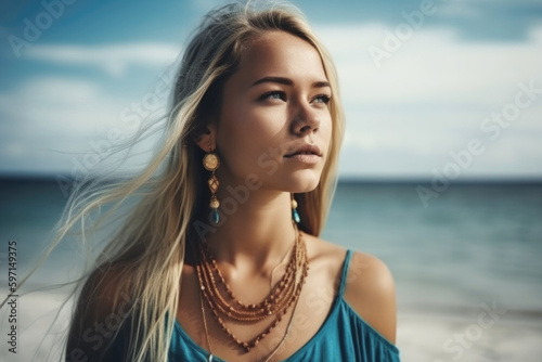 Portrait of beautiful woman standing on the beach, wearing stylish boho dress and jewlery, Generative ai