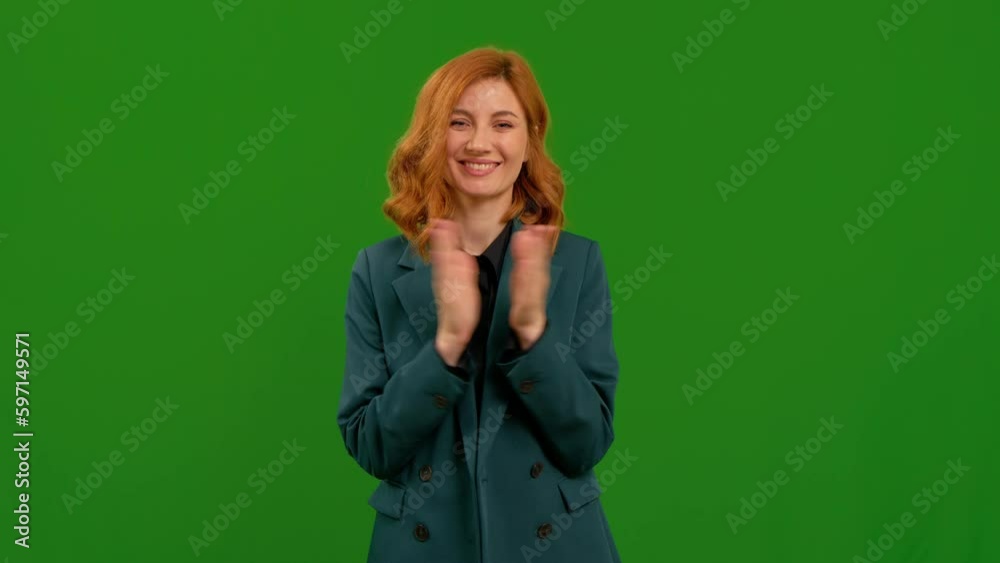 Portrait of beautiful business at green screen background clapping her hand and smile. Happy female applauding in studio. Portrait of beautiful business at green screen background clapping her hand and smile. Happy female applauding in studio.