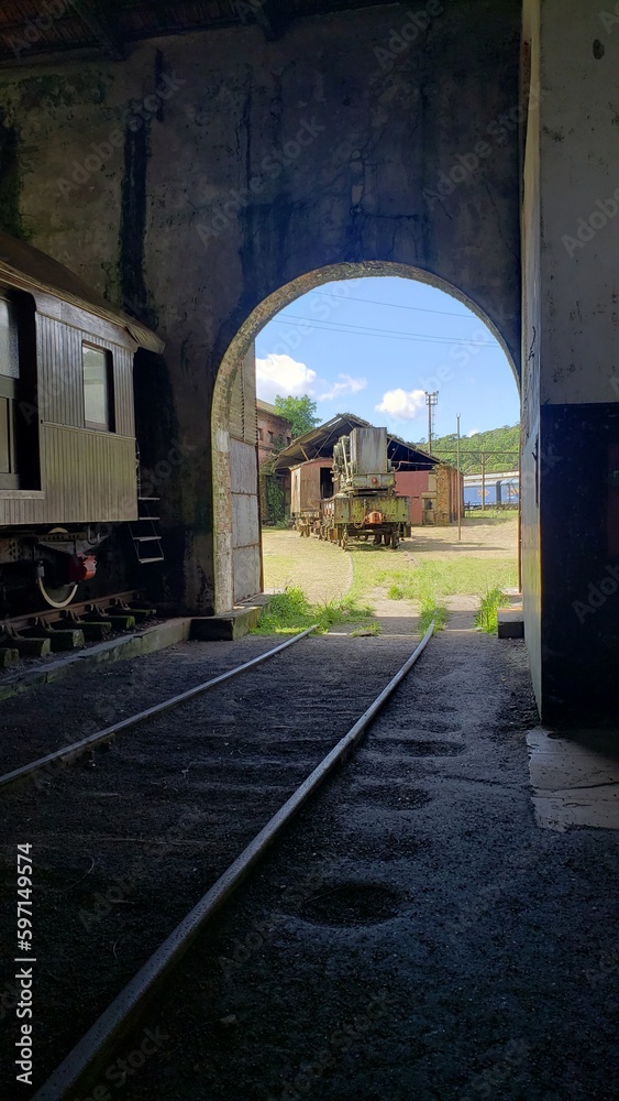 Obraz premium View of the old railway station with old trains and locomotives in Paranapiacaba, Sao Paulo, Brazil