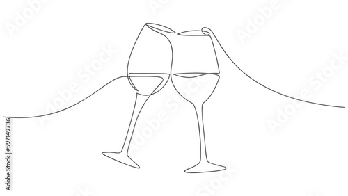 Continuous one line drawing of two glasses of wine. Concept of celebrate. Vector illustration